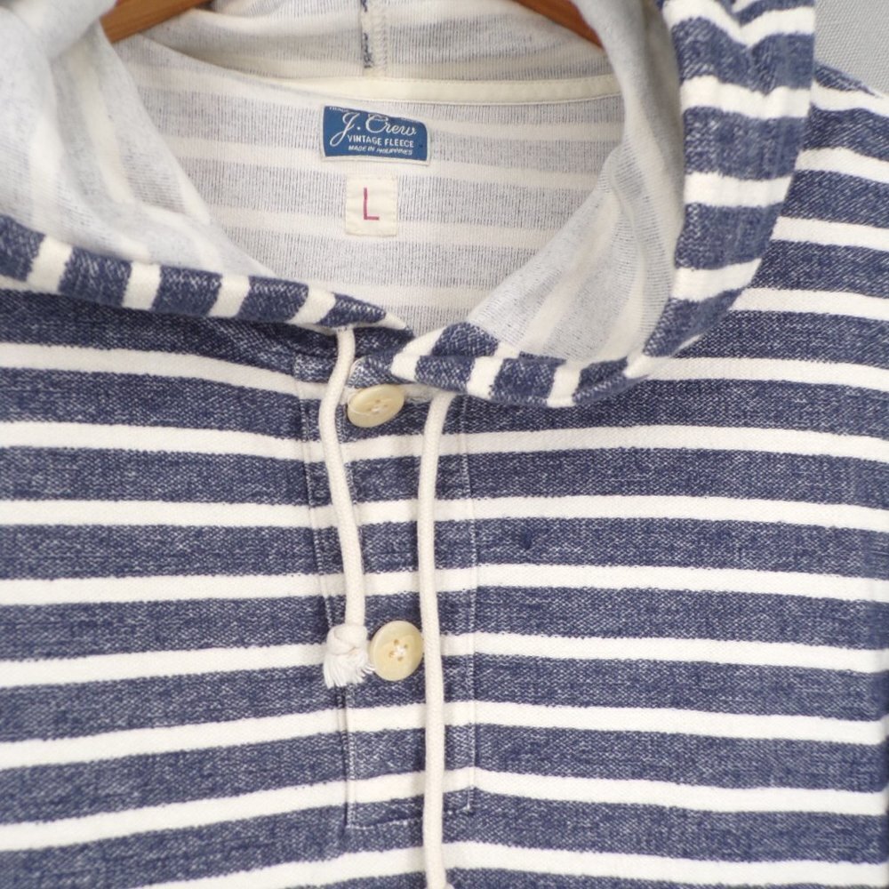 J. Crew Vintage Fleece Women's L Pullover Hoodie Blue White Stripe Cozy Cotton - Picture 3 of 9